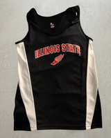 Black Illinois State track singlet laid flat, front, ILLINOIS STATE in red above a winged-foot emblem with white side panels.