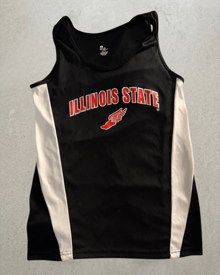 Black Illinois State track singlet laid flat, front, ILLINOIS STATE in red above a winged-foot emblem with white side panels.